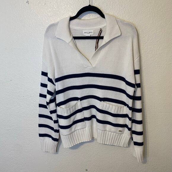 Holly Whyte Lindex Cream & Navy Blue Striped Nautical Fisherman Knit Sweater Lg - Picture 1 of 7